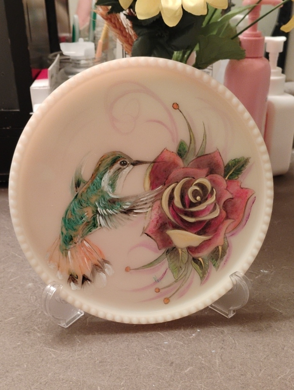 OOAK Fenton Burmese Hummingbird Bird Plate!